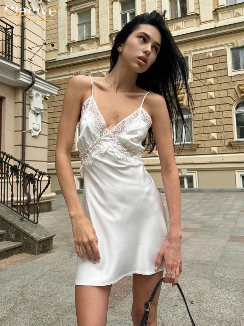 Clacive Sexy Slim White Satin Dress Ladies Summer Strap Sleeveless Mini Dress Elegant Lace-Up Spliced Dresses For Women 2024