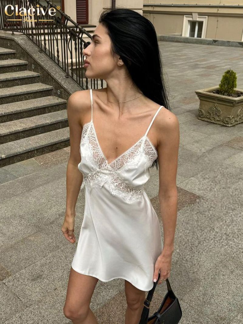 Clacive Sexy Slim White Satin Dress Ladies Summer Strap Sleeveless Mini Dress Elegant Lace-Up Spliced Dresses For Women 2024