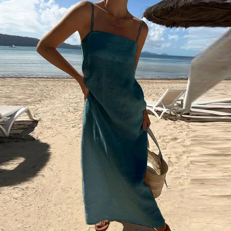 Sexy Slash Neck High Waist Beach Dress Fashion Sleeveless Hollow Holiday Dress Cotton Linen Solid Summer Spaghetti Strap Dress