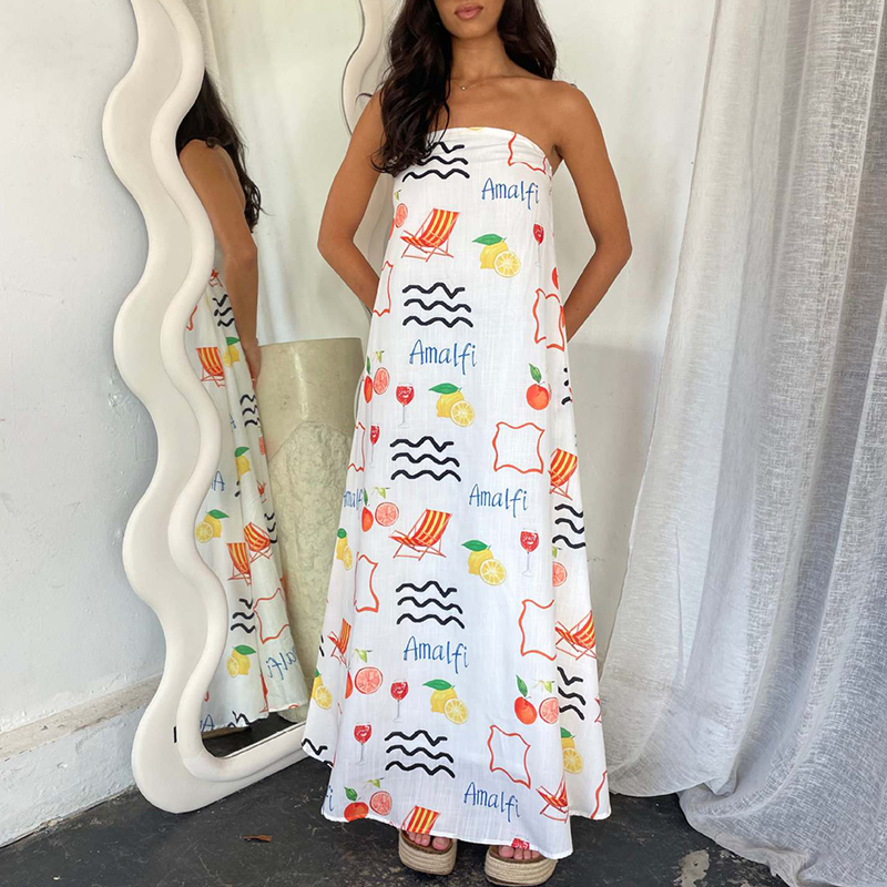 Sexy Strapless Floral Print Women Dress Summer Fashion Off Shoulder High Waist Holiday Dress Casual Bohemian Pleated Long Dress