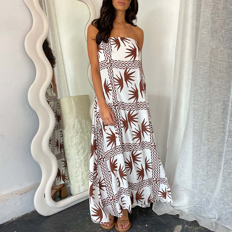 Sexy Strapless Floral Print Women Dress Summer Fashion Off Shoulder High Waist Holiday Dress Casual Bohemian Pleated Long Dress