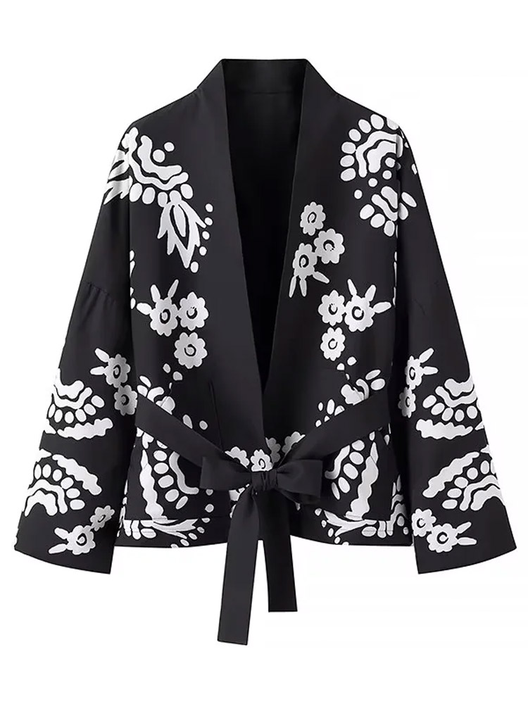 Autumn Winter Floral Print Lace Up Thin Coats Women Elegant V-neck Long Sleeves Cardigan Jackets 2024 Female Loose Outwear