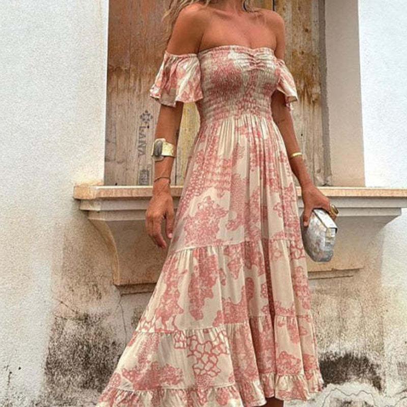 New Summer Off Shoulder Slim Long Dress Elegant Floral Print Short Sleeved Dress Women Fashion High Waist Pleated Holiday Dress