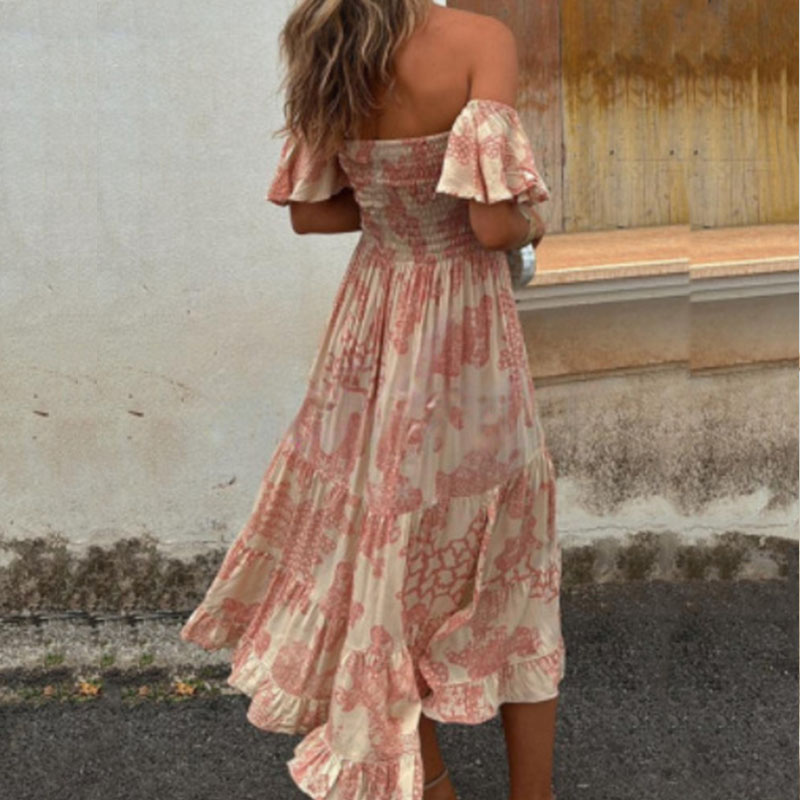 New Summer Off Shoulder Slim Long Dress Elegant Floral Print Short Sleeved Dress Women Fashion High Waist Pleated Holiday Dress