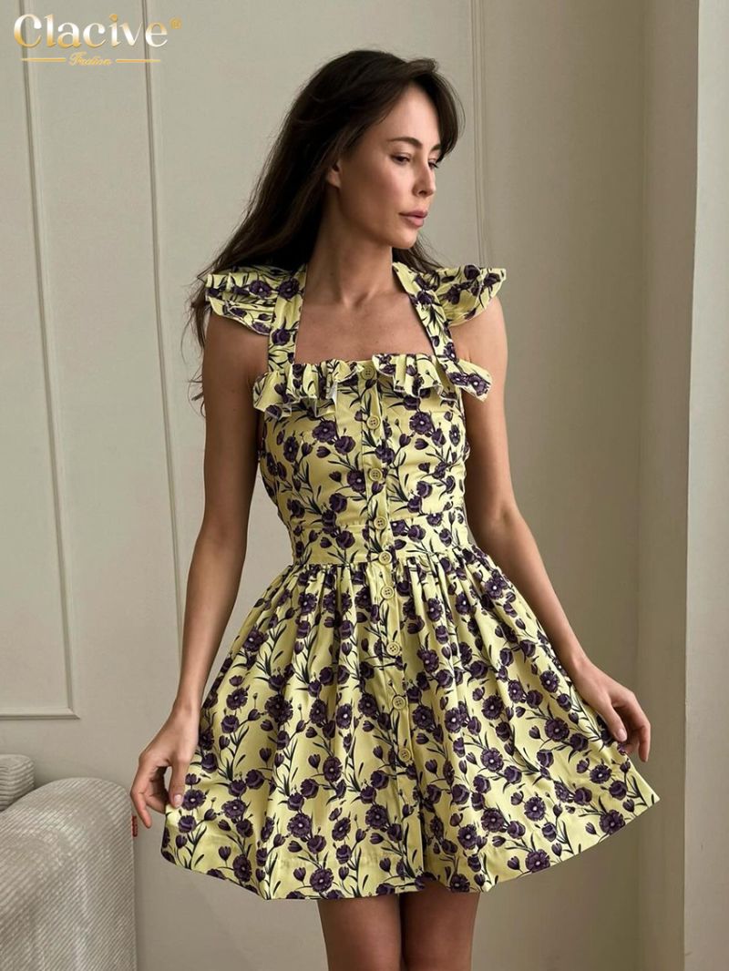 Clacive Summer Slim Print Women Dress 2024 Bodycon Square Collar Sleeveless Mini Dresses Fashion High Waist Pleated Female Dress