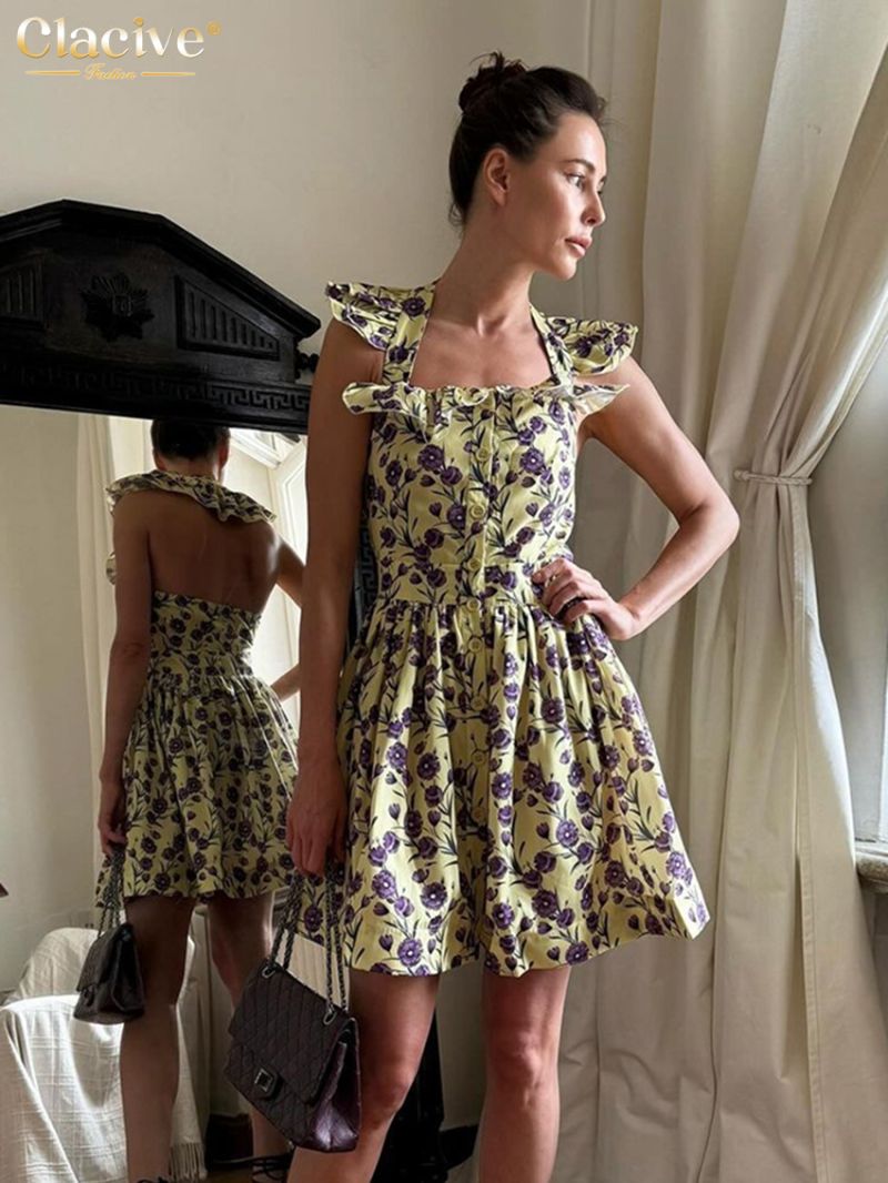 Clacive Summer Slim Print Women Dress 2024 Bodycon Square Collar Sleeveless Mini Dresses Fashion High Waist Pleated Female Dress