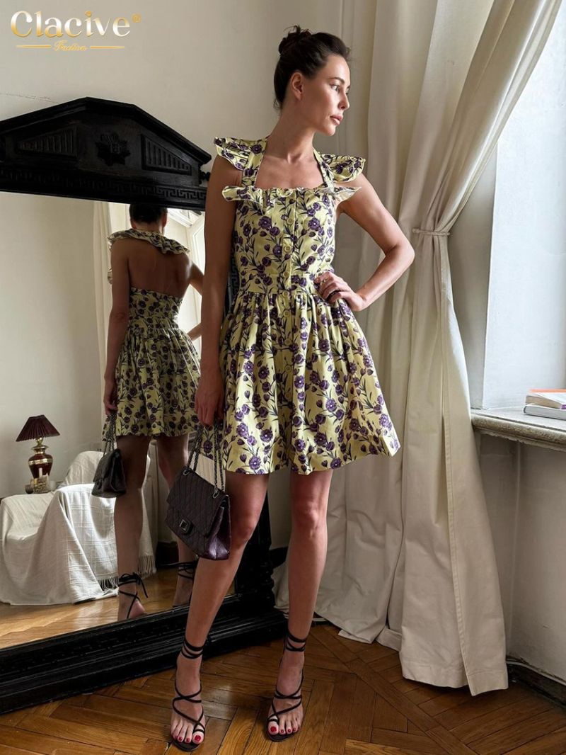 Clacive Summer Slim Print Women Dress 2024 Bodycon Square Collar Sleeveless Mini Dresses Fashion High Waist Pleated Female Dress