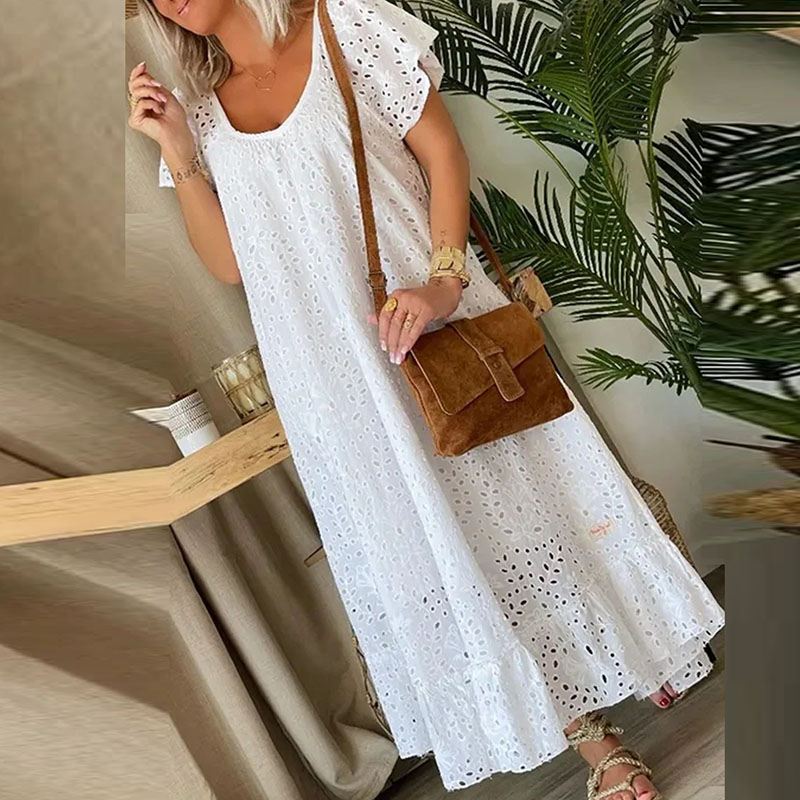 2024 Summer Loose Short Sleeve Holiday Dress Casual White Swing Party Dresses Sexy Ladies O-neck Hollow Lace Long Dress Vestidos