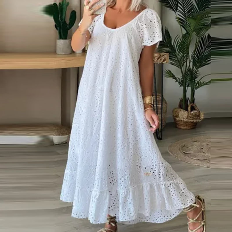 2024 Summer Loose Short Sleeve Holiday Dress Casual White Swing Party Dresses Sexy Ladies O-neck Hollow Lace Long Dress Vestidos