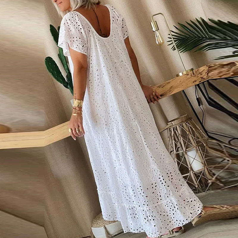 2024 Summer Loose Short Sleeve Holiday Dress Casual White Swing Party Dresses Sexy Ladies O-neck Hollow Lace Long Dress Vestidos