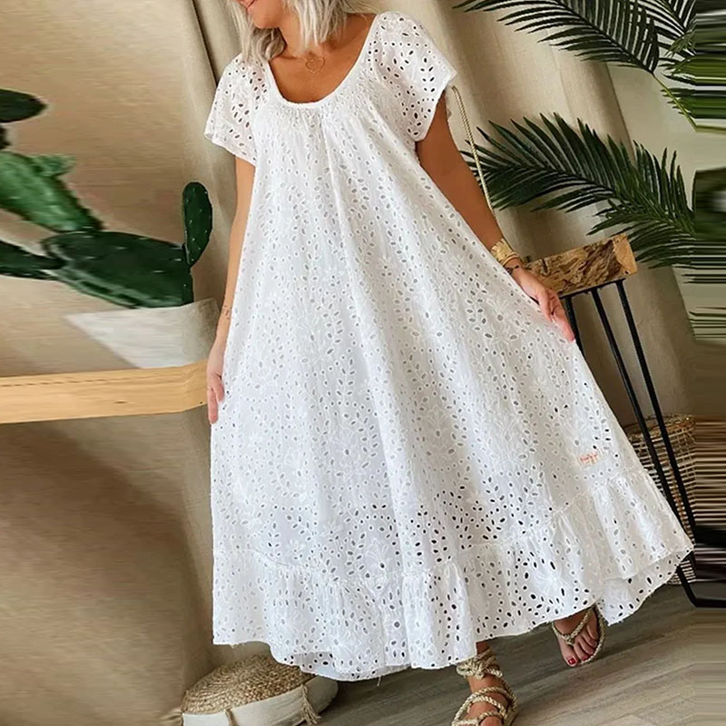 2024 Summer Loose Short Sleeve Holiday Dress Casual White Swing Party Dresses Sexy Ladies O-neck Hollow Lace Long Dress Vestidos