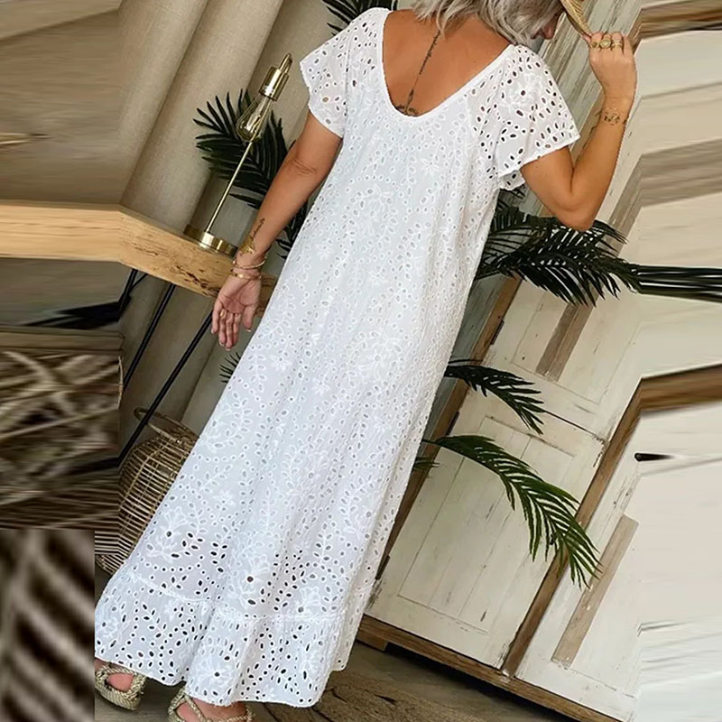 2024 Summer Loose Short Sleeve Holiday Dress Casual White Swing Party Dresses Sexy Ladies O-neck Hollow Lace Long Dress Vestidos