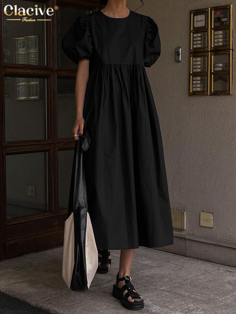 Clacive Casual Loose Black Women'S Dress Summer O-Neck Short Sleeve Office Midi Dress Elegant High Waist A-Line Female Dress