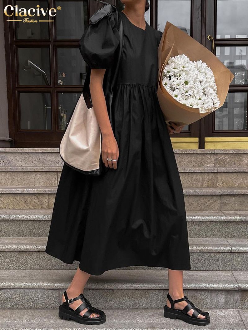 Clacive Casual Loose Black Women'S Dress Summer O-Neck Short Sleeve Office Midi Dress Elegant High Waist A-Line Female Dress