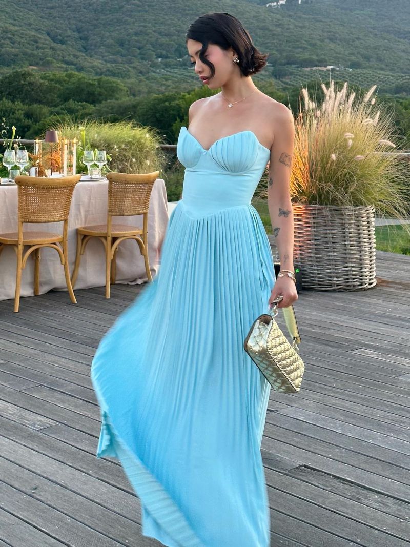 Sexy Backless High Waisted Evening Dress Elegant Sleeveless Pleated Hem Solid Color Strapless Dresses Summer Lady Party Robes