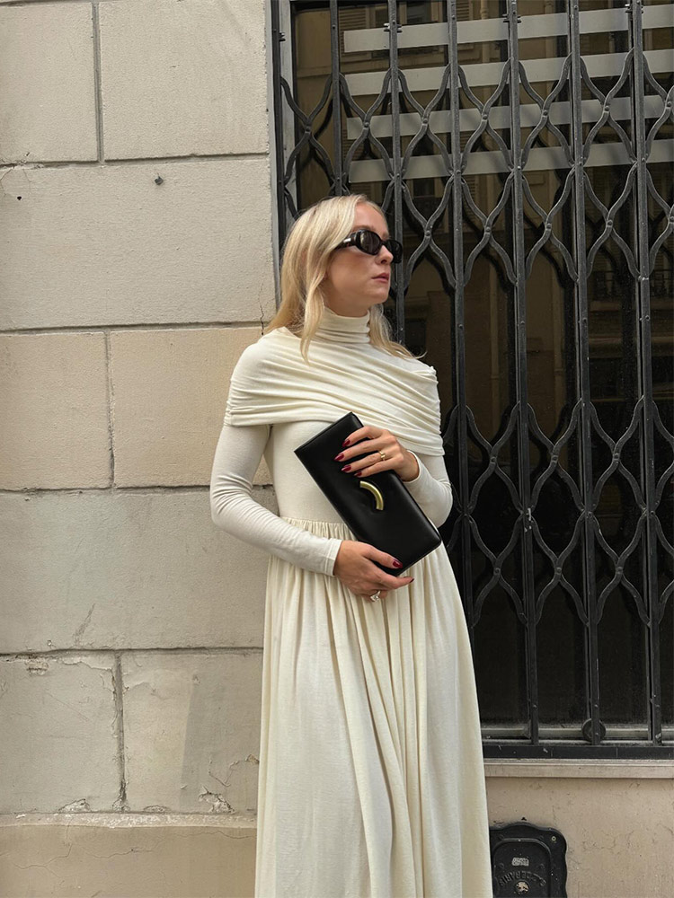 High Collar Long Sleeve Patchwork Long Dress Women Solid Color High Wasit Pleated Maxi Dress 2024 Autumn Female Street Robes