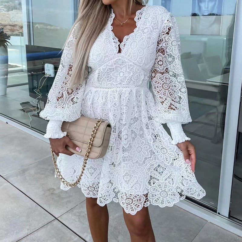 Sexy Hollow Out Long Sleeved Waist Office Dress New Spring Lace Patchwork Dress Chic Women O-neck Pearl Button Solid Mini Dress