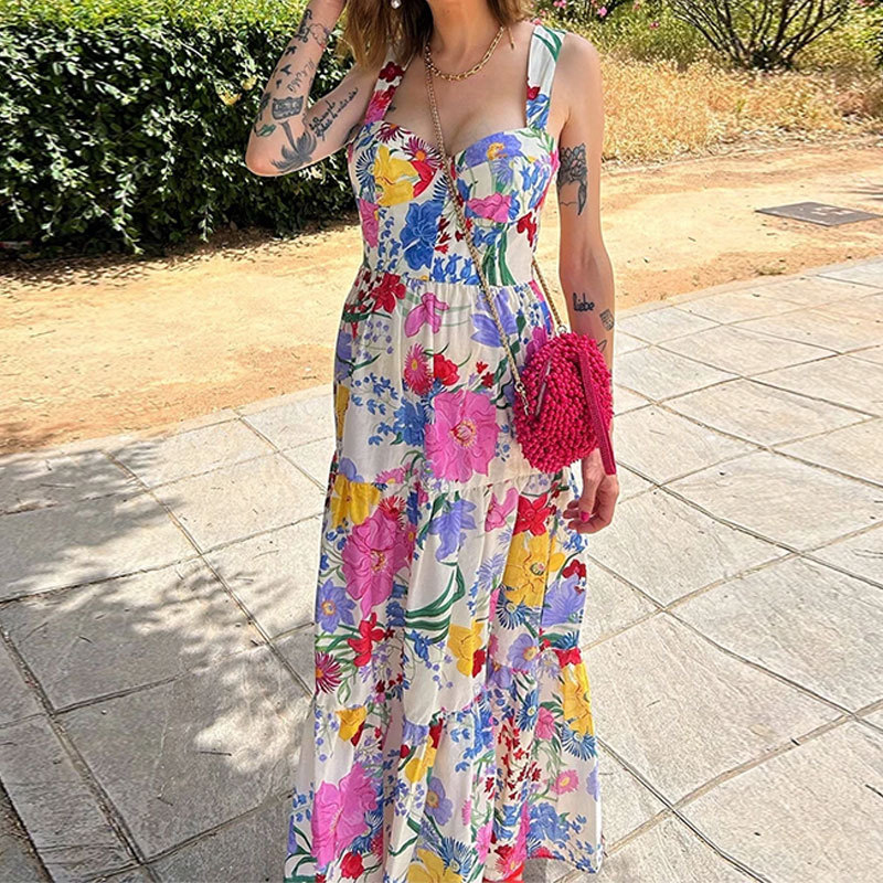 Summer Floral Print Women's Holiday Dress Casual Slash Neck Hollow Out Suspender Dress Sexy Sleeveless Pleated Beach Long Dress