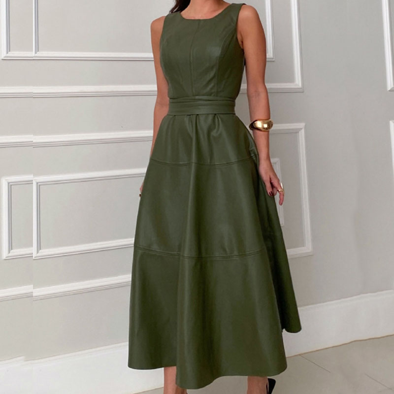 Spring Summer O Neck Lace Up Waist Long Dress Sexy Ladies Sleeveless Slim Evening Dress Elegant Solid Color Zipper Pleated Dress