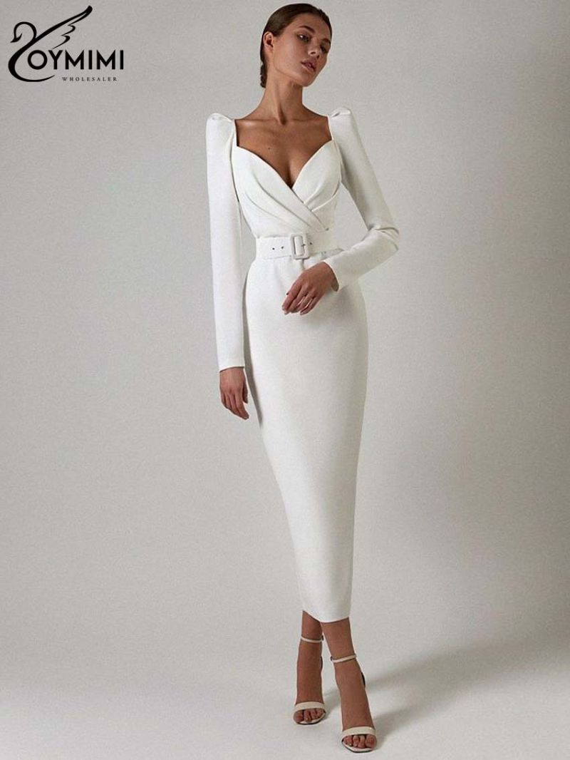 Oymimi Fashion White Deep V-Neck Womens Dresses Elegant Long Sleeve Lace-Up Slim Dresses Spring Straight Mid-Calf Dress Female