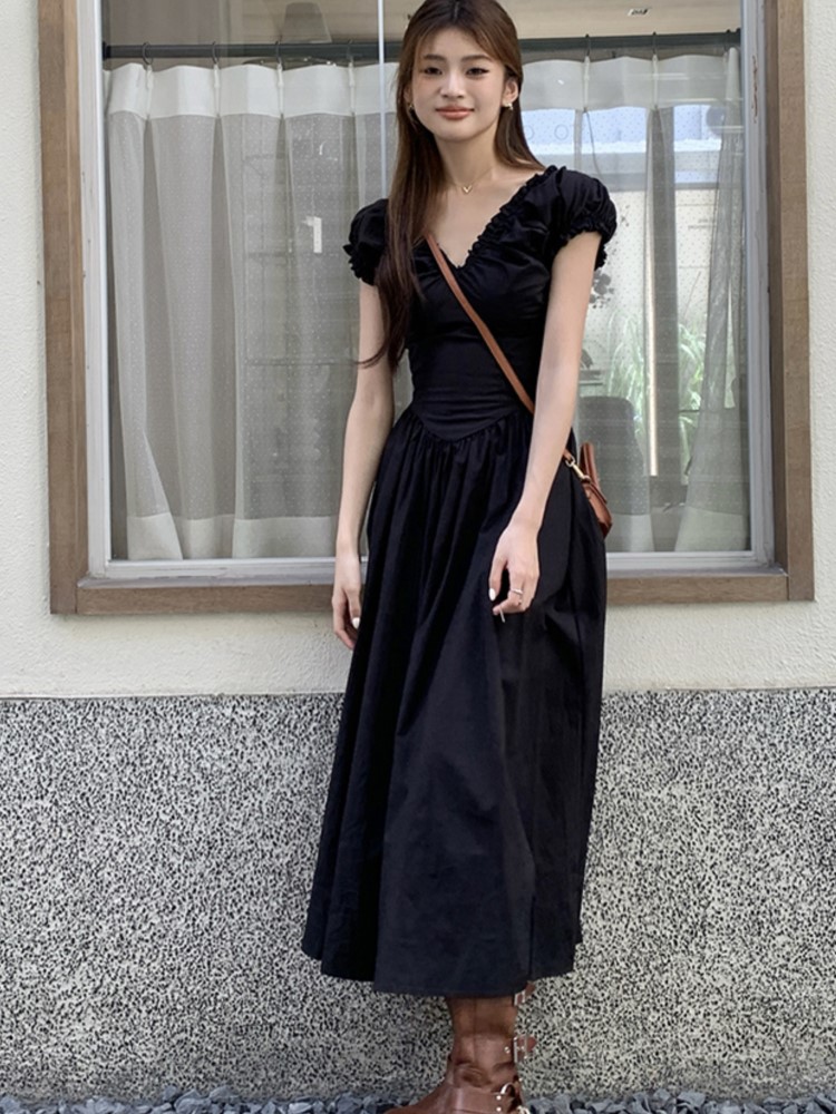 Casual Solid Midi Dresses for Women Korean Chic V-neck Backless High Waist Puff Sleeve A-line Party Dress Summer Vestidos Mujer