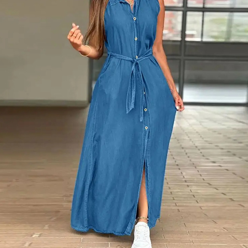 Fashion Single Breasted Split Commuter Dresses Summer Ladies Lapel Solid Shirt Dress 2024 Elegant Sleeveless Lace Up Long Dress