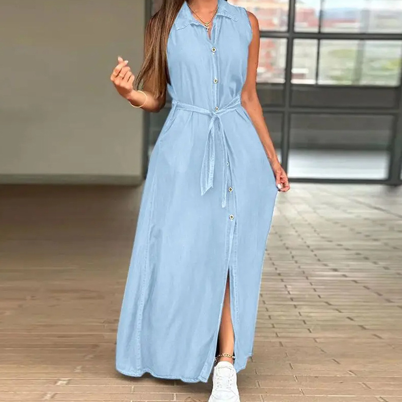 Fashion Single Breasted Split Commuter Dresses Summer Ladies Lapel Solid Shirt Dress 2024 Elegant Sleeveless Lace Up Long Dress