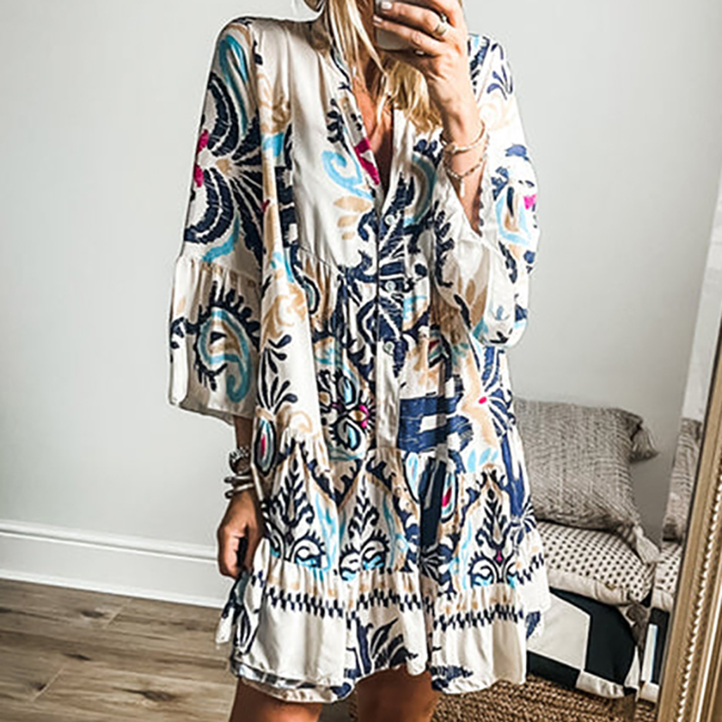 2024 Vacation Loose Pleated Beach Dress Vintage Pattern Printed Button Women's Dress Bohemian V Neck 3/4 Sleeve Short Dress New