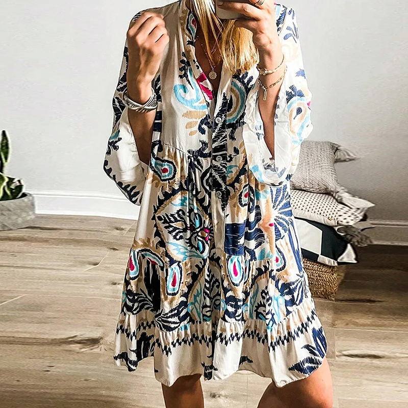 2024 Vacation Loose Pleated Beach Dress Vintage Pattern Printed Button Women's Dress Bohemian V Neck 3/4 Sleeve Short Dress New