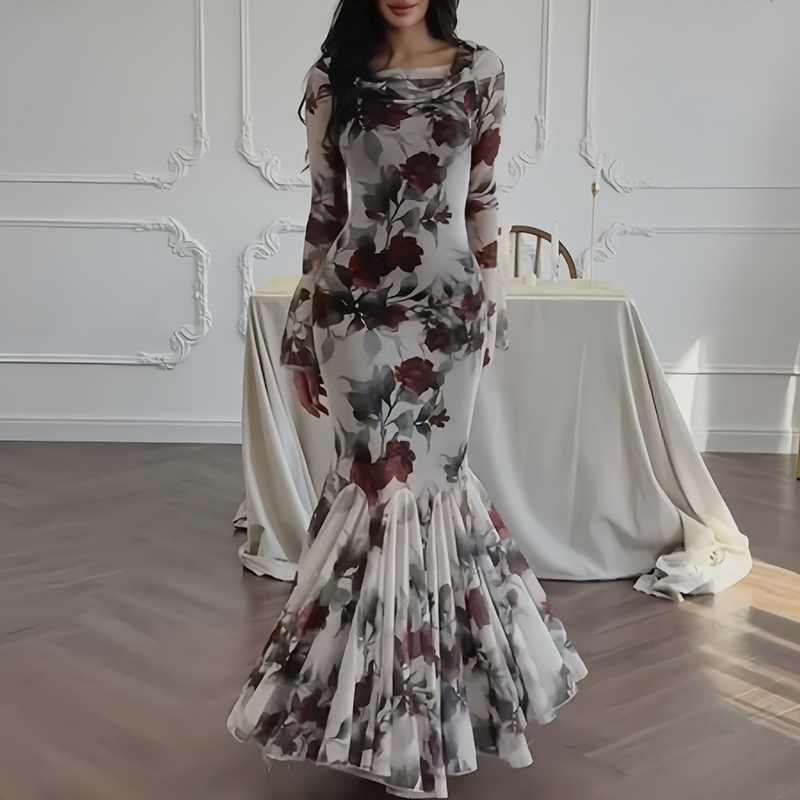 Romantic Rose Flower Print Mermaid Dress Fashion Women's O-neck High Waist Slim Party Dress Elegant Long Sleeved Pleated Dresses