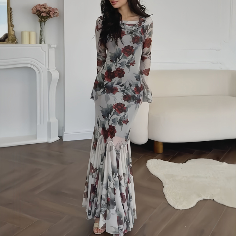 Romantic Rose Flower Print Mermaid Dress Fashion Women's O-neck High Waist Slim Party Dress Elegant Long Sleeved Pleated Dresses