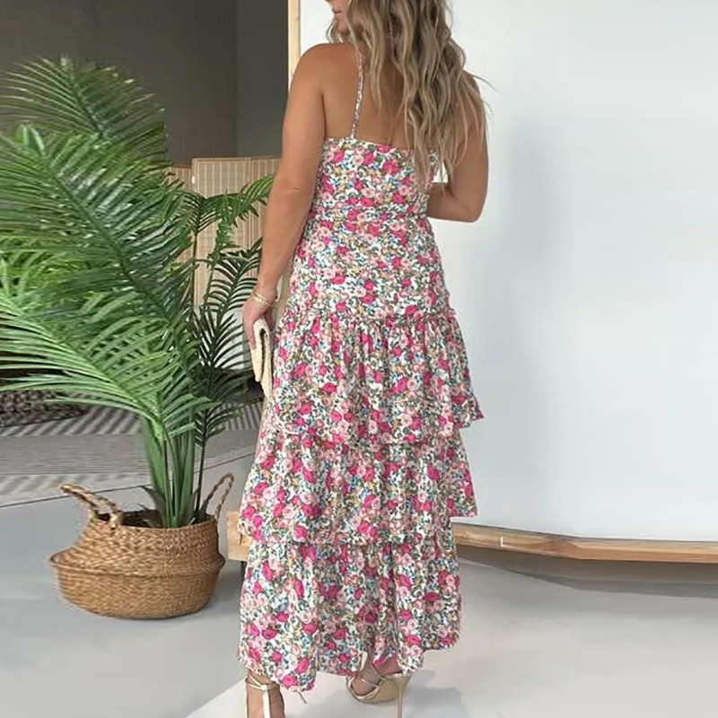 Sexy Off Shoulder Lace Up Slim Long Dress New Vacation Floral Print Women's Beach Dress Casual Layered Split Suspenders Dresses