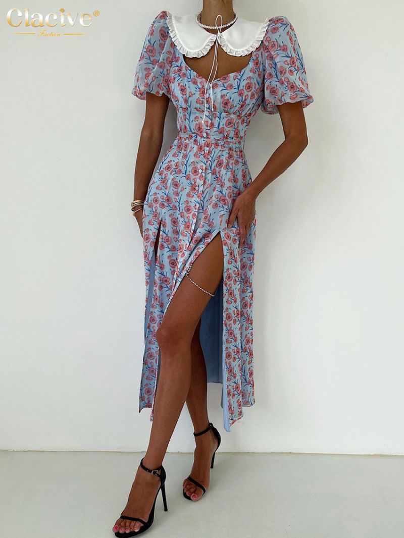 Clacive Summer Slim Print Midi Dress Lady Sexy Elegant Doll Collar Puff Sleeve Single Breasted Slit Party Dresses For Women 2023