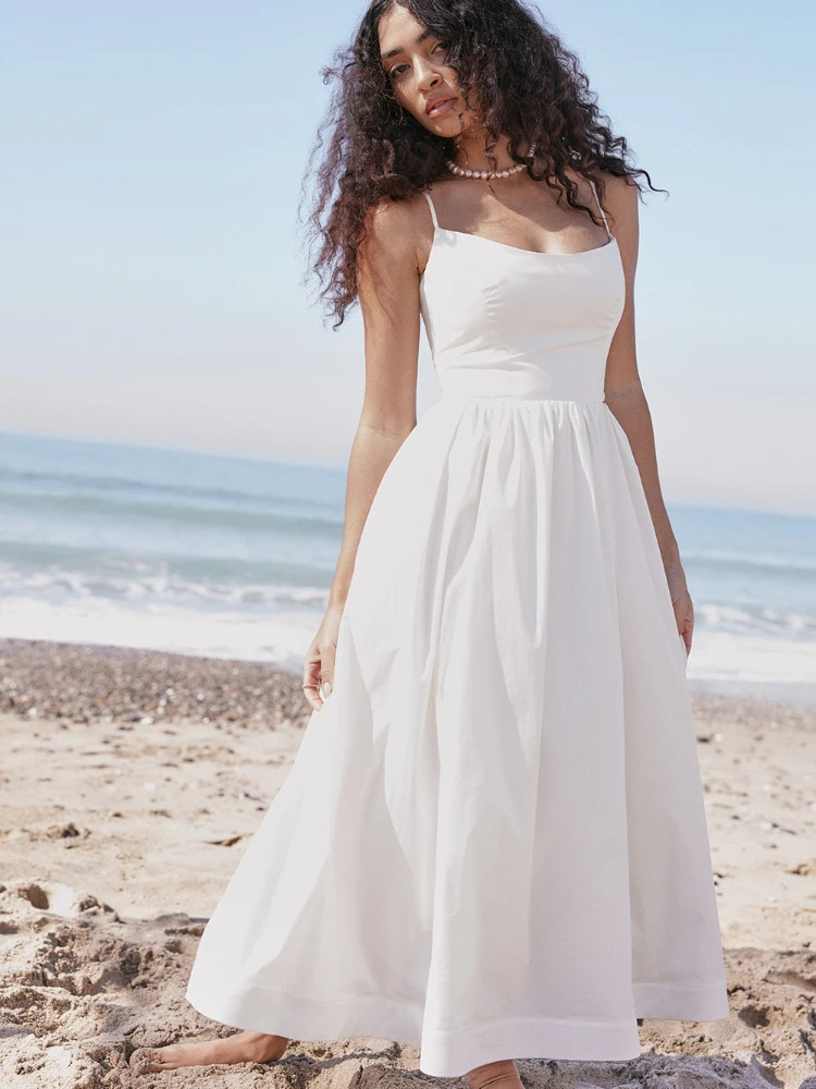 Suninheart Summer White Midi Beach Dress Elegant Spagehtti Strap A Line Wedding Guest Dress Casual Women Clothing 2023