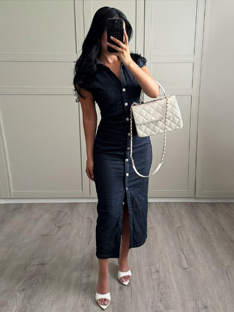 Fashion Denim Single-breasted Lapel Dresses Elegant Pleated Sleeveless Split Long Dress 2024 New Women High Street Vestidos