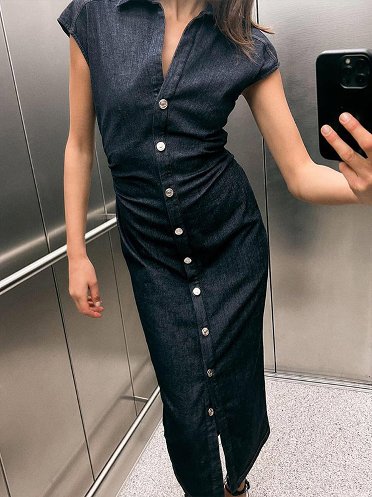 Fashion Denim Single-breasted Lapel Dresses Elegant Pleated Sleeveless Split Long Dress 2024 New Women High Street Vestidos