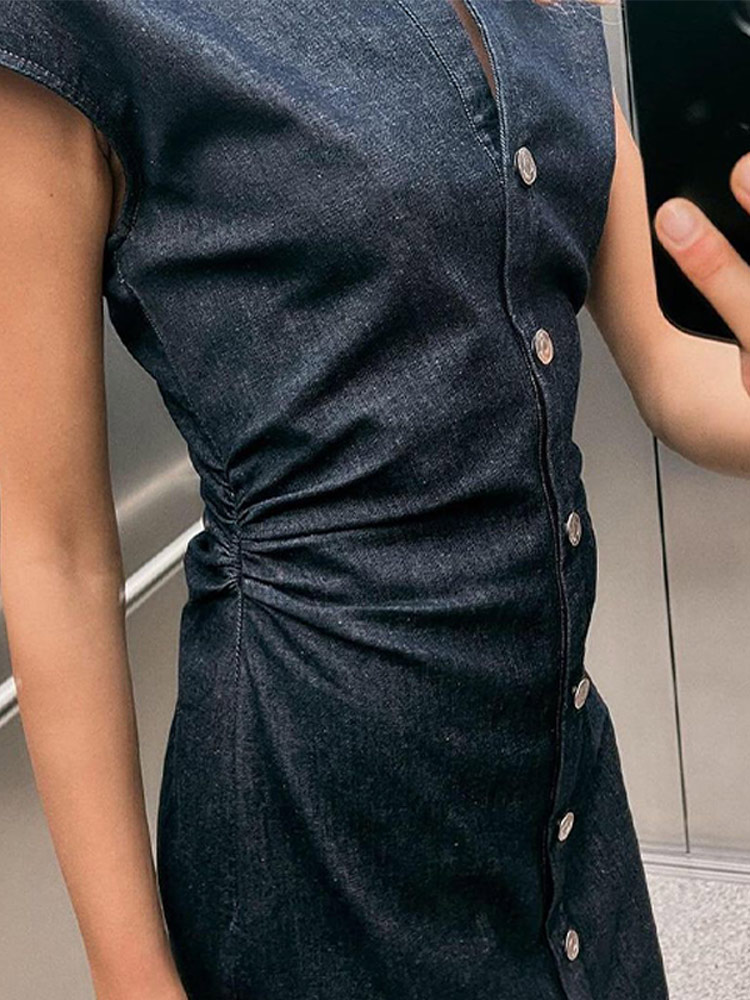 Fashion Denim Single-breasted Lapel Dresses Elegant Pleated Sleeveless Split Long Dress 2024 New Women High Street Vestidos