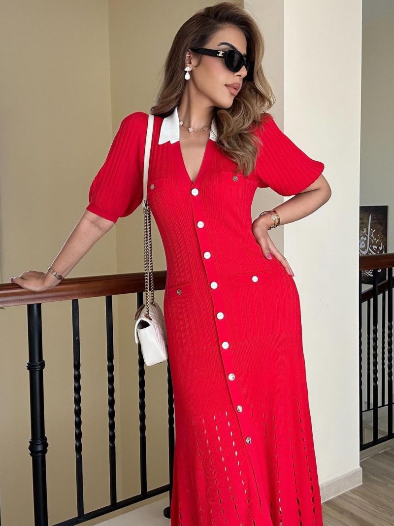 Fashion Lapel Single Breasted Knitted Women's Long Dress Elegant V-neck Short Sleeves Dresses 2024 Female High Street Robes