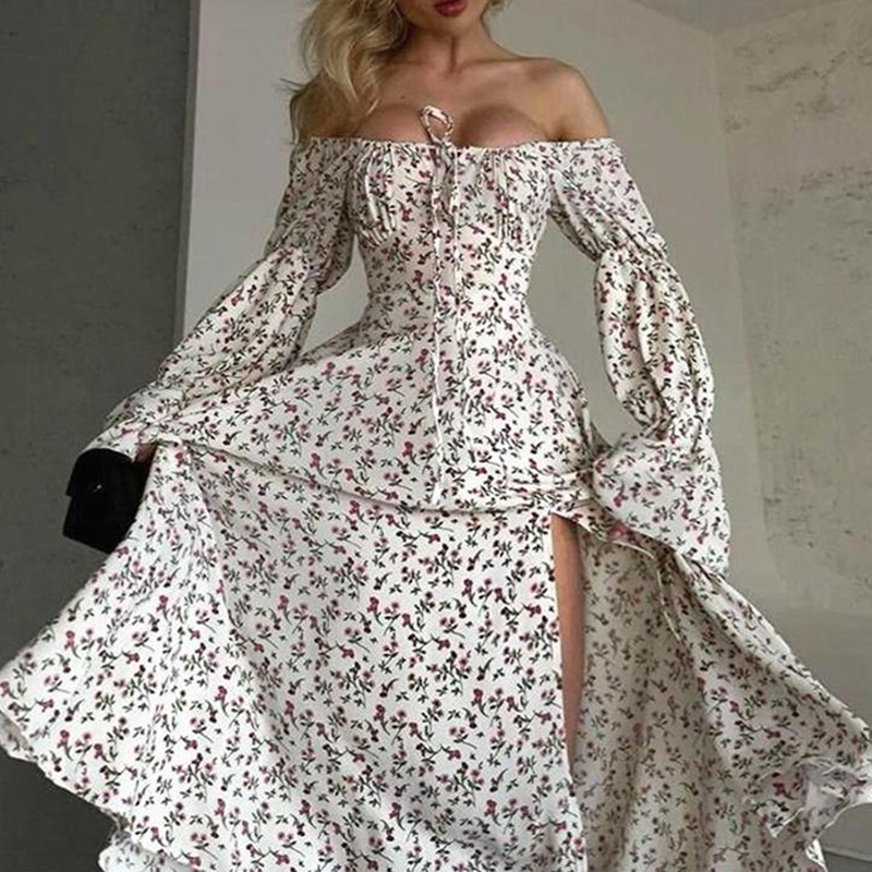 Casual Floral Print High Waist Party Dress Lady Square Neck Lace Up Split Long Dress Elegant Flared Sleeve Holiday Dress Vestido