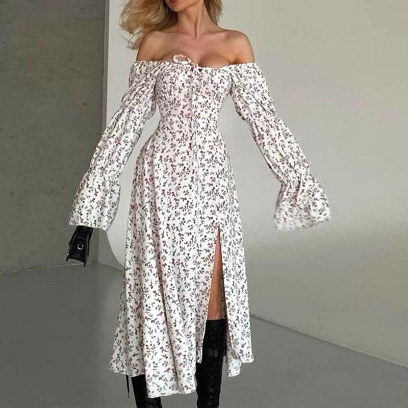 Casual Floral Print High Waist Party Dress Lady Square Neck Lace Up Split Long Dress Elegant Flared Sleeve Holiday Dress Vestido