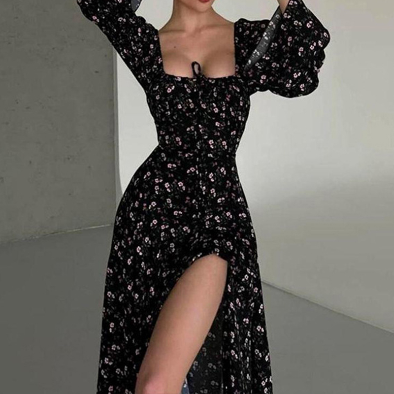 Casual Floral Print High Waist Party Dress Lady Square Neck Lace Up Split Long Dress Elegant Flared Sleeve Holiday Dress Vestido