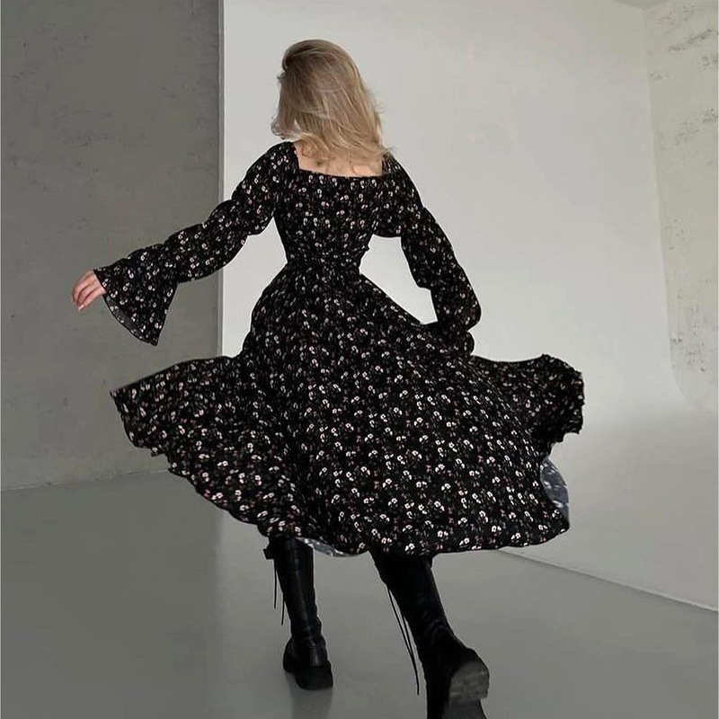 Casual Floral Print High Waist Party Dress Lady Square Neck Lace Up Split Long Dress Elegant Flared Sleeve Holiday Dress Vestido