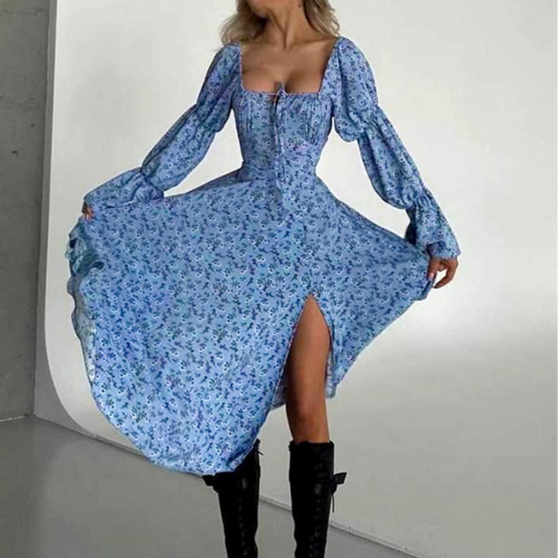 Casual Floral Print High Waist Party Dress Lady Square Neck Lace Up Split Long Dress Elegant Flared Sleeve Holiday Dress Vestido