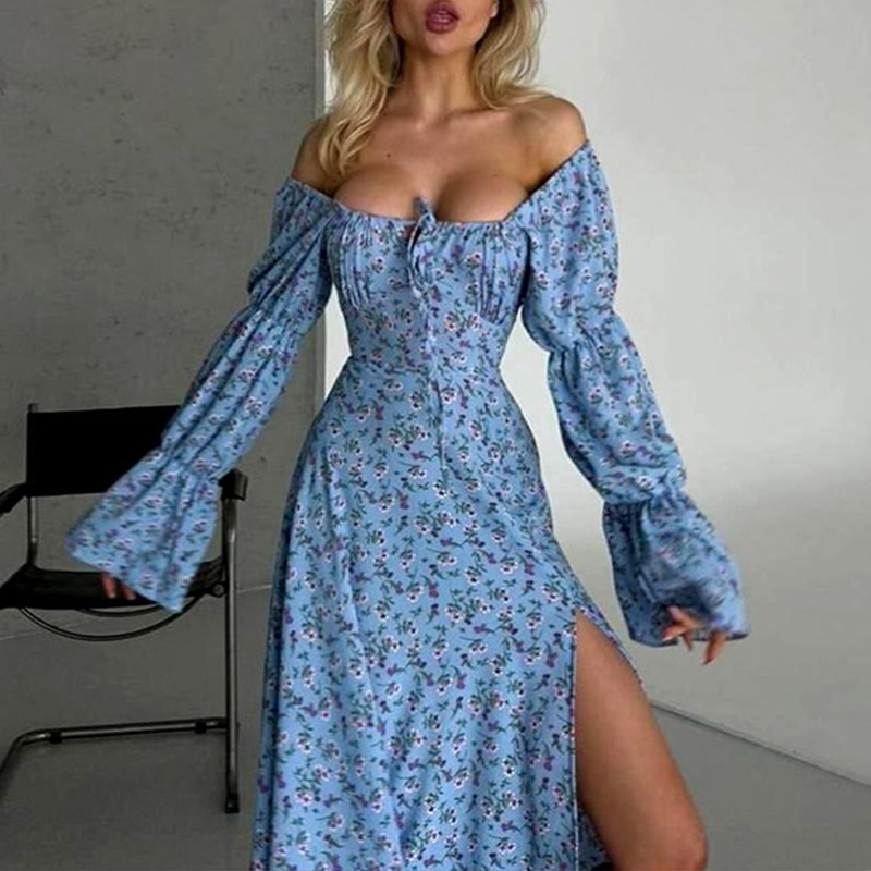 Casual Floral Print High Waist Party Dress Lady Square Neck Lace Up Split Long Dress Elegant Flared Sleeve Holiday Dress Vestido