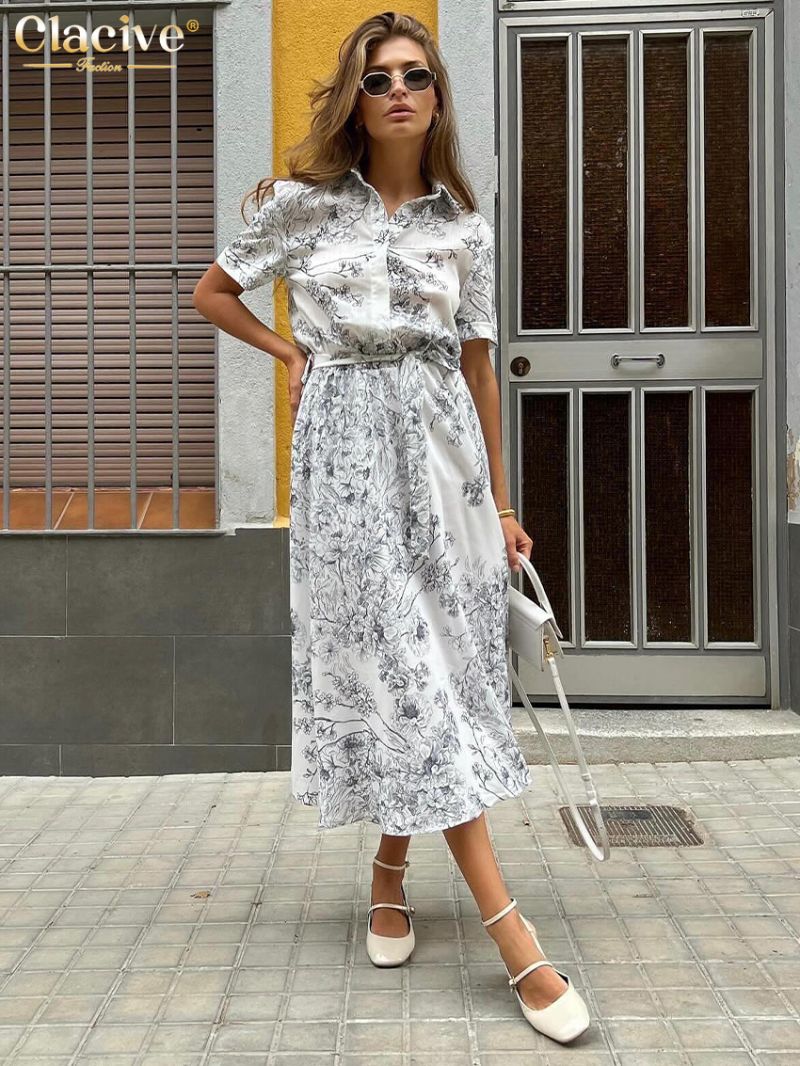 Clacive Summer Loose Print Women's Dress 2024 Fashion Lapel Short Sleeve Midi Dresses Elegant Classic High Waist Female Dress