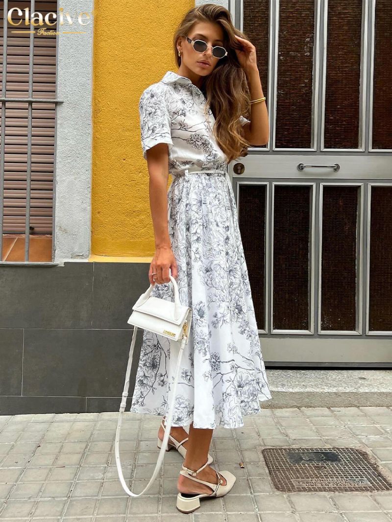 Clacive Summer Loose Print Women's Dress 2024 Fashion Lapel Short Sleeve Midi Dresses Elegant Classic High Waist Female Dress