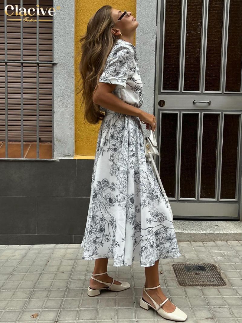 Clacive Summer Loose Print Women's Dress 2024 Fashion Lapel Short Sleeve Midi Dresses Elegant Classic High Waist Female Dress