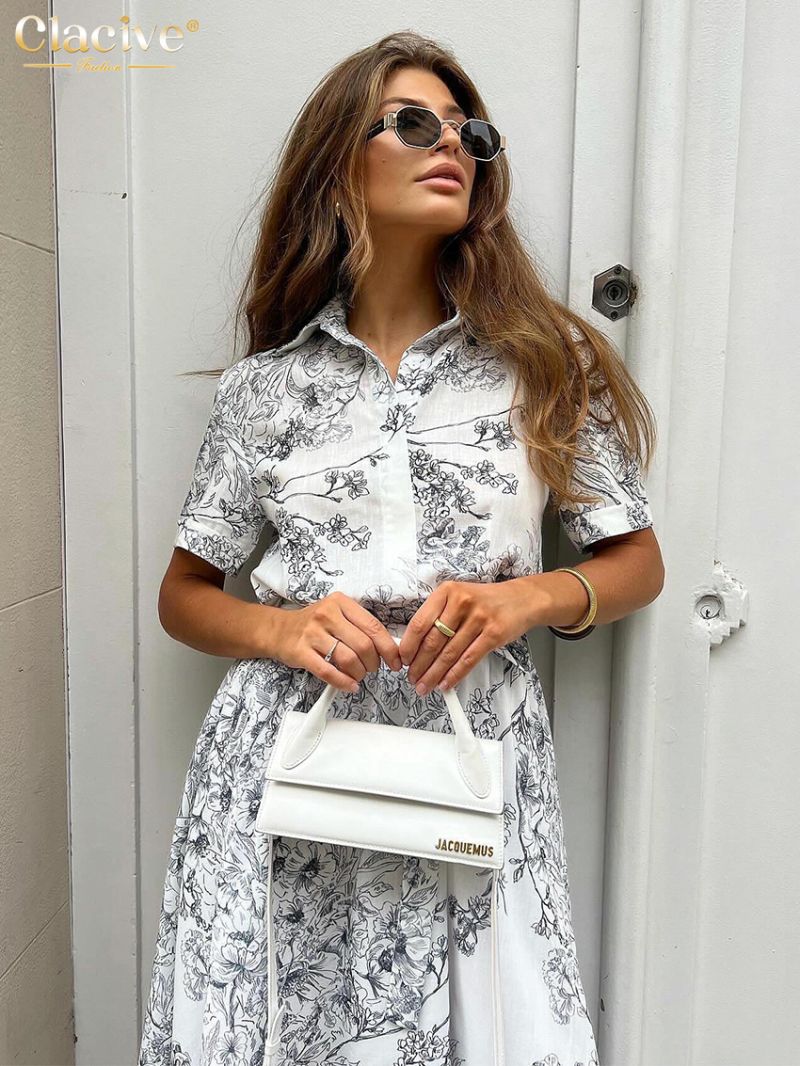 Clacive Summer Loose Print Women's Dress 2024 Fashion Lapel Short Sleeve Midi Dresses Elegant Classic High Waist Female Dress