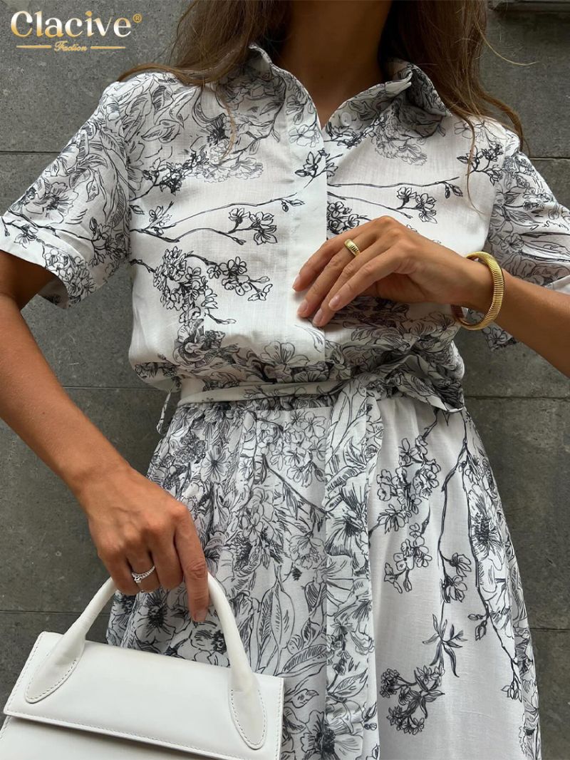 Clacive Summer Loose Print Women's Dress 2024 Fashion Lapel Short Sleeve Midi Dresses Elegant Classic High Waist Female Dress