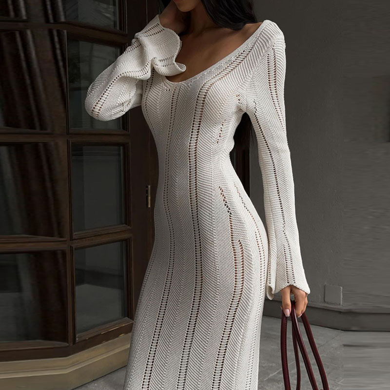 Spring Summer Hollow Knitted Women Robe Dress Sexy V Neck High Waist Beach Dress Fashion Long Sleeve Solid Slim Dresses Vestidos